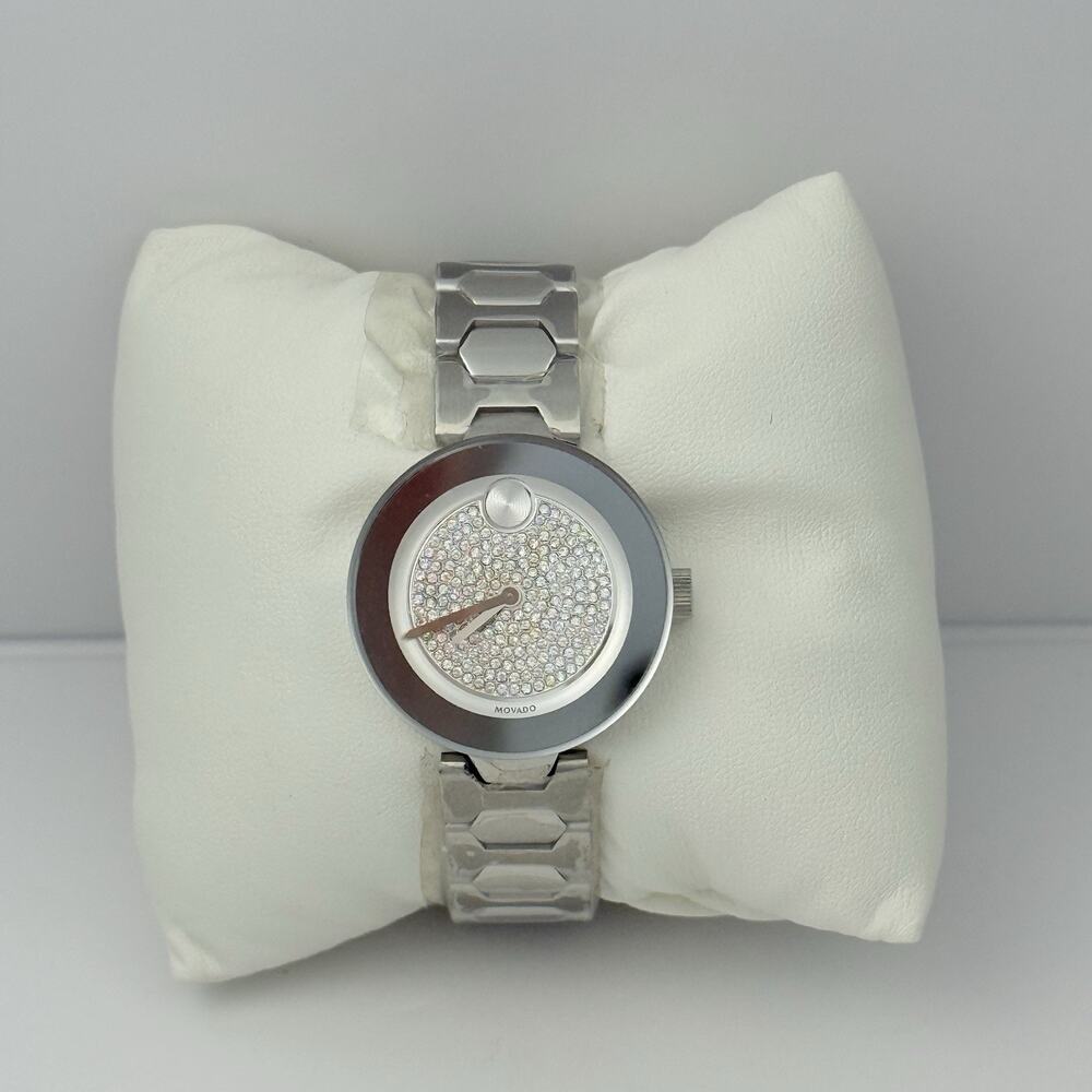 New Movado Bold Crystal Pave Silver Tone Bracelet 32mm Trend Watch 3600567